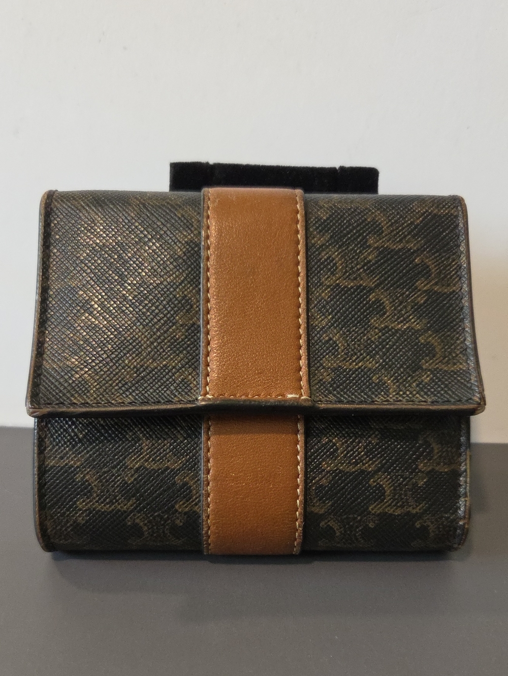 Celine Triomphe Pattern Compact Trifold Wallet in Dark Brown with Tan Accent - Picture 1 of 11